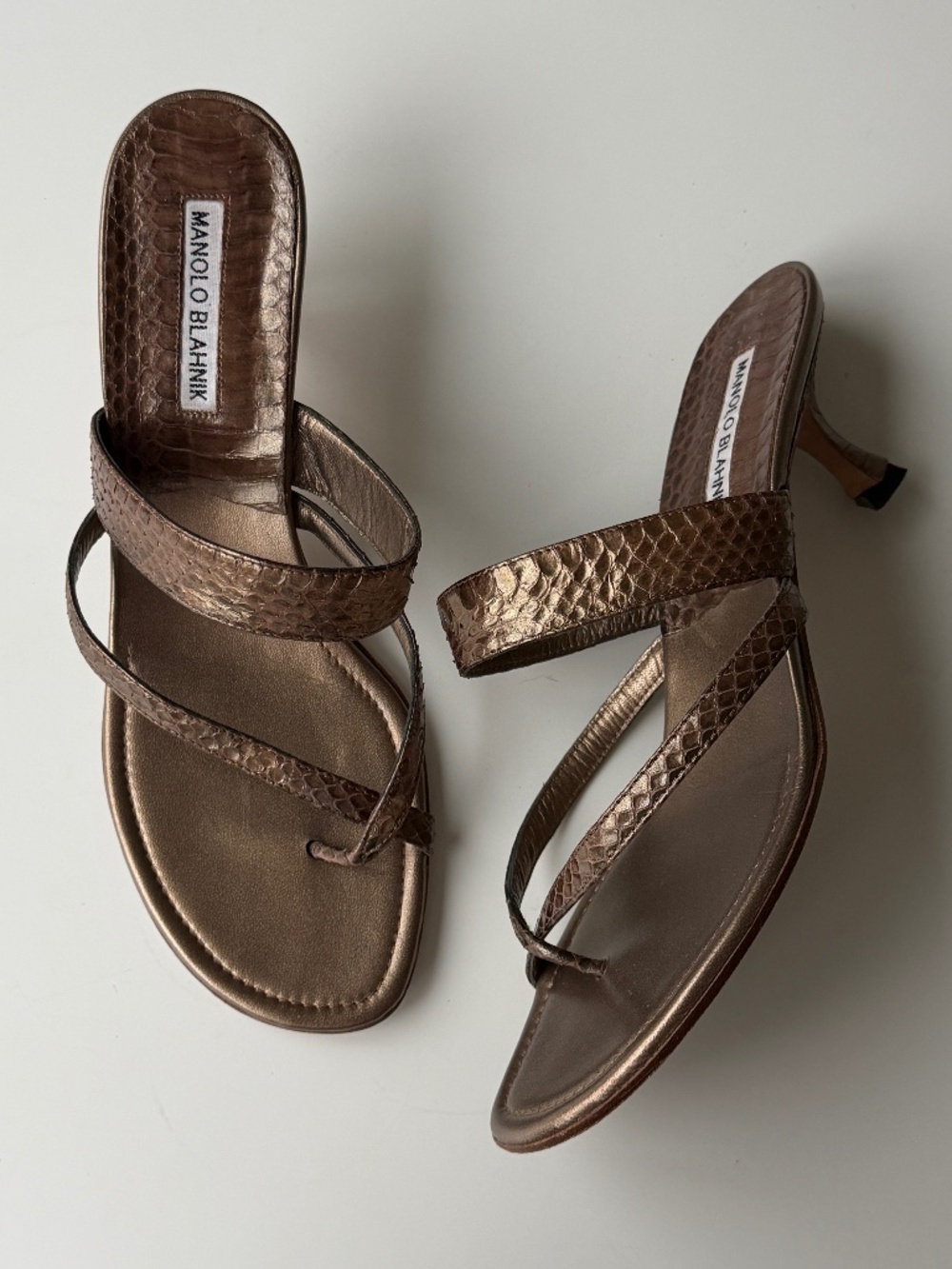 Vintage Manolo Blahnik bronze python thong sandals, IT 39.5, approx. 8.5